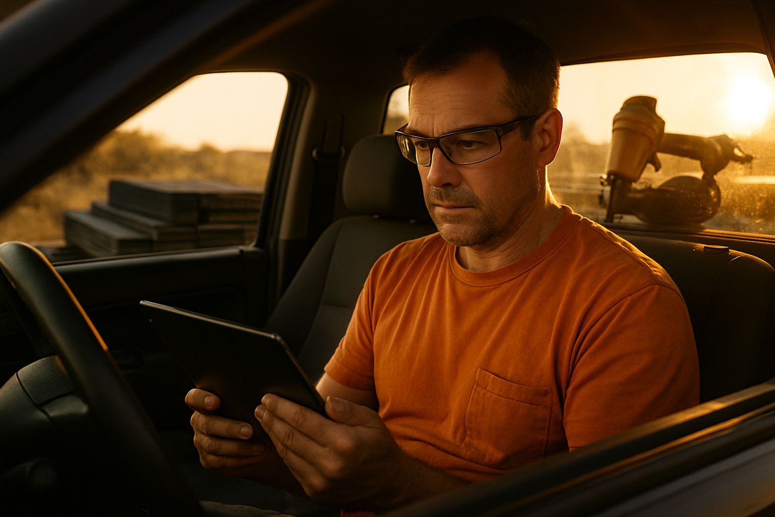 Solo roofing contractor reviewing a job estimate on a tablet in his pickup at golden hour, shingles visible in truck bed