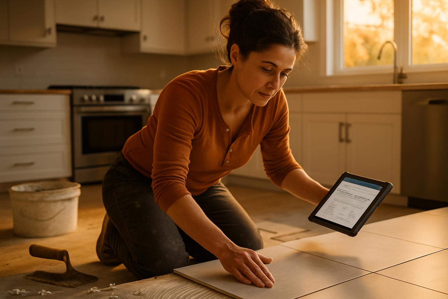 Solo tile contractor kneeling beside a partially tiled kitchen floor, reviewing a quote on a tablet with warm afternoon light
