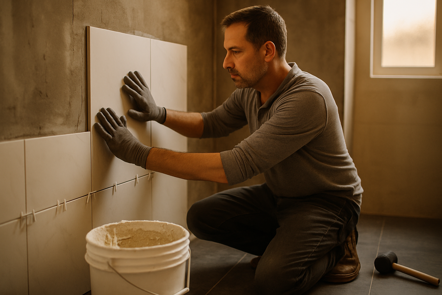 Tile contractor installing large-format porcelain tile in a walk-in shower, leveling clips on adjacent tiles