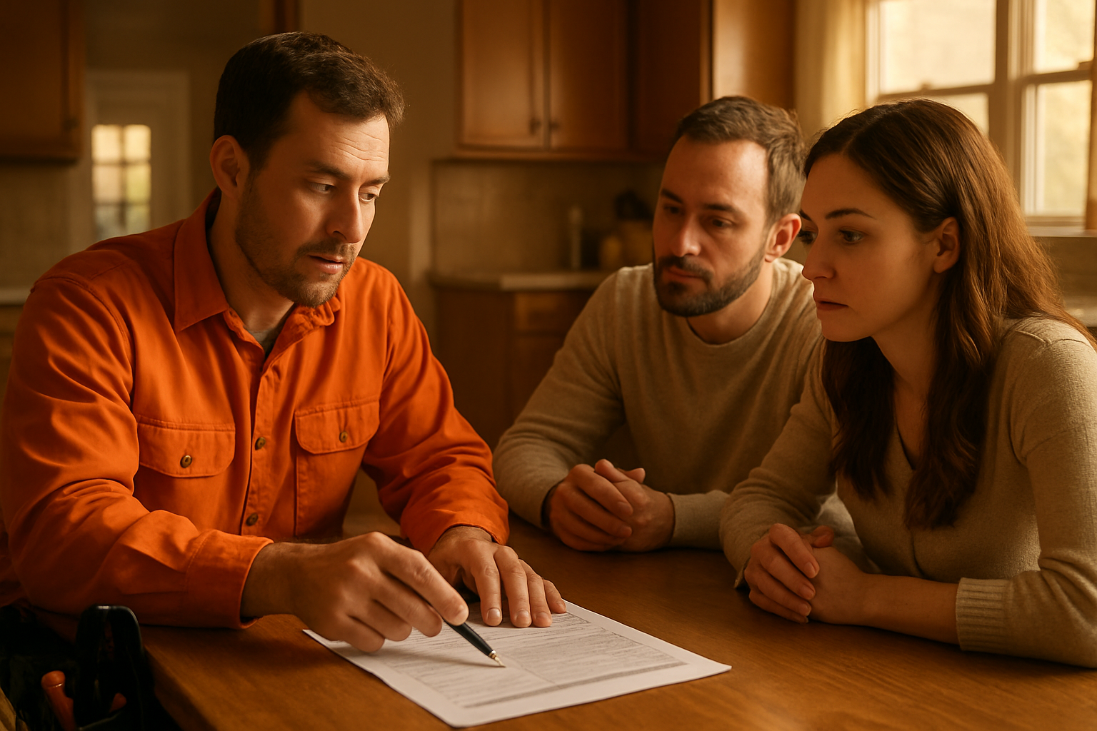 Contractor and homeowners reviewing a printed quote document together at a kitchen table, warm afternoon light