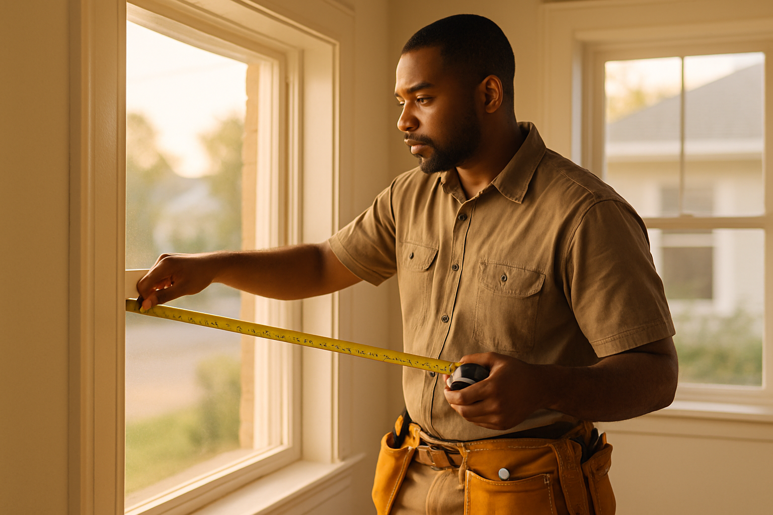 Window contractor measuring a residential window opening with a tape measure on a bright afternoon, worn tool belt visible