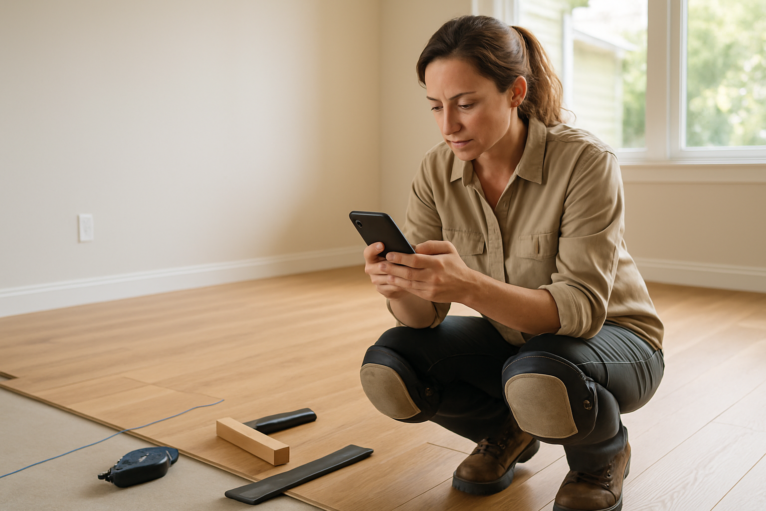 Flooring contractor reviewing a job quote on a smartphone beside freshly installed LVP planks in a residential living room