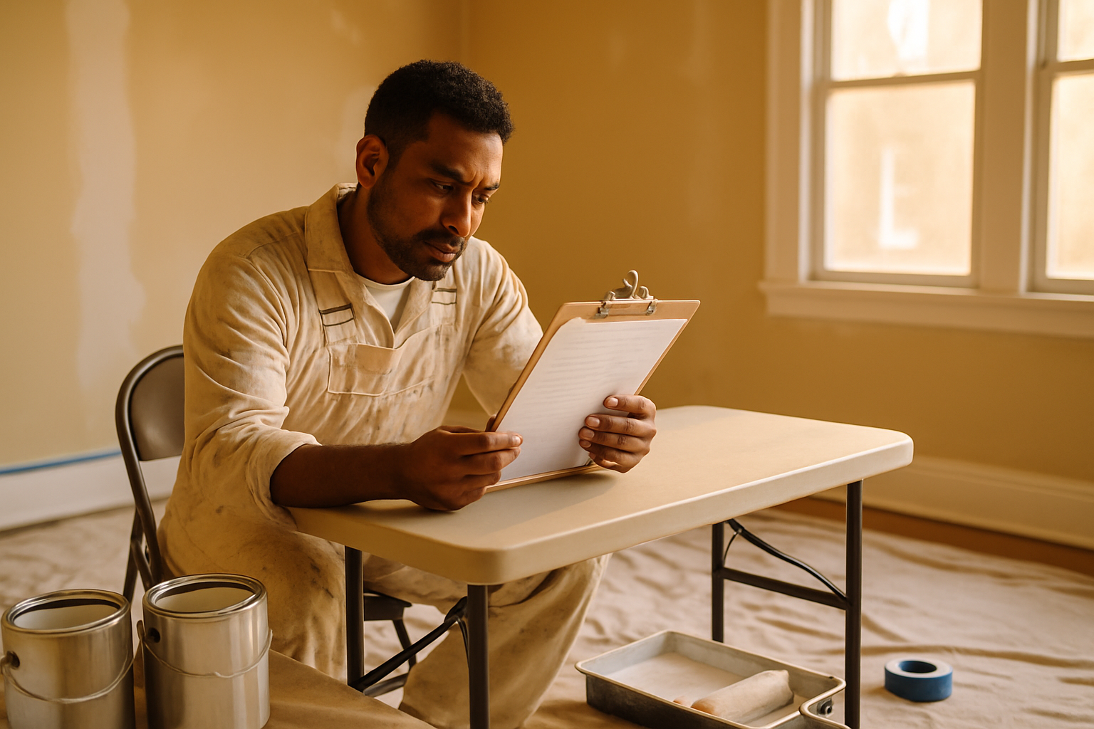 Solo painting contractor reviewing an estimate on a clipboard in an empty room, open paint cans and drop cloths on the floor