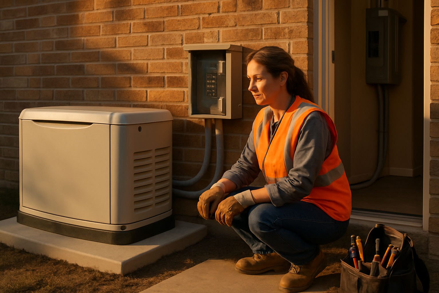 Licensed electrician installing an automatic transfer switch beside a residential standby generator, golden afternoon light