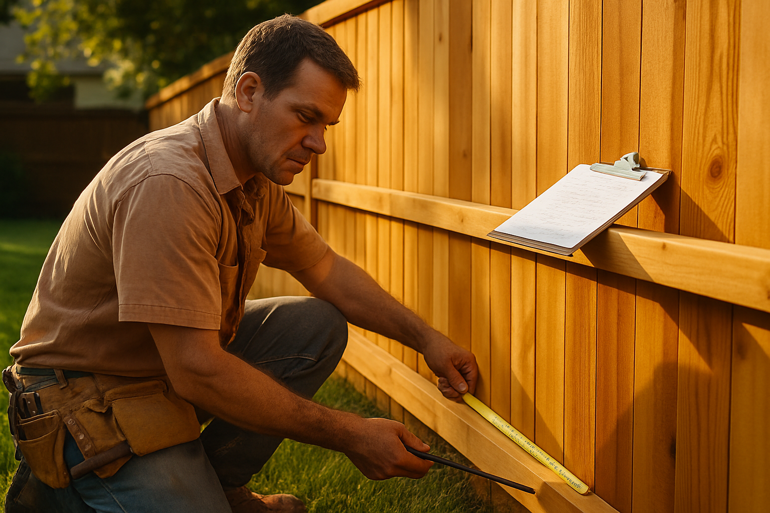Fencing contractor measuring a cedar privacy fence line with a steel tape measure in a residential backyard at golden hour