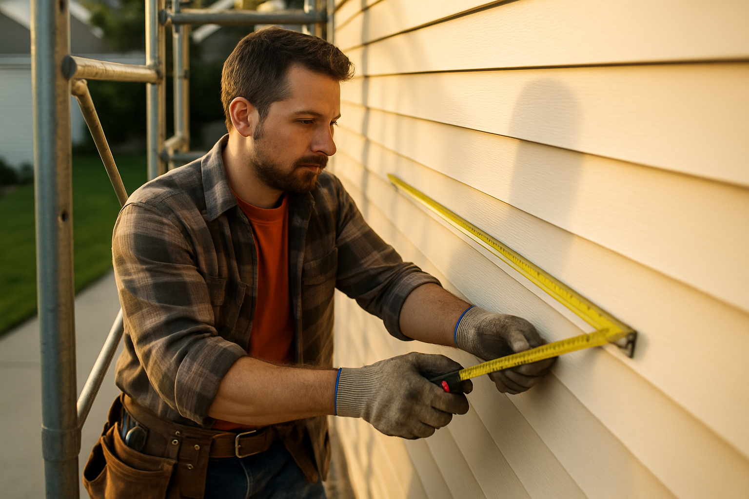 Siding contractor on scaffolding measuring vinyl panels on a two-story house exterior in afternoon light
