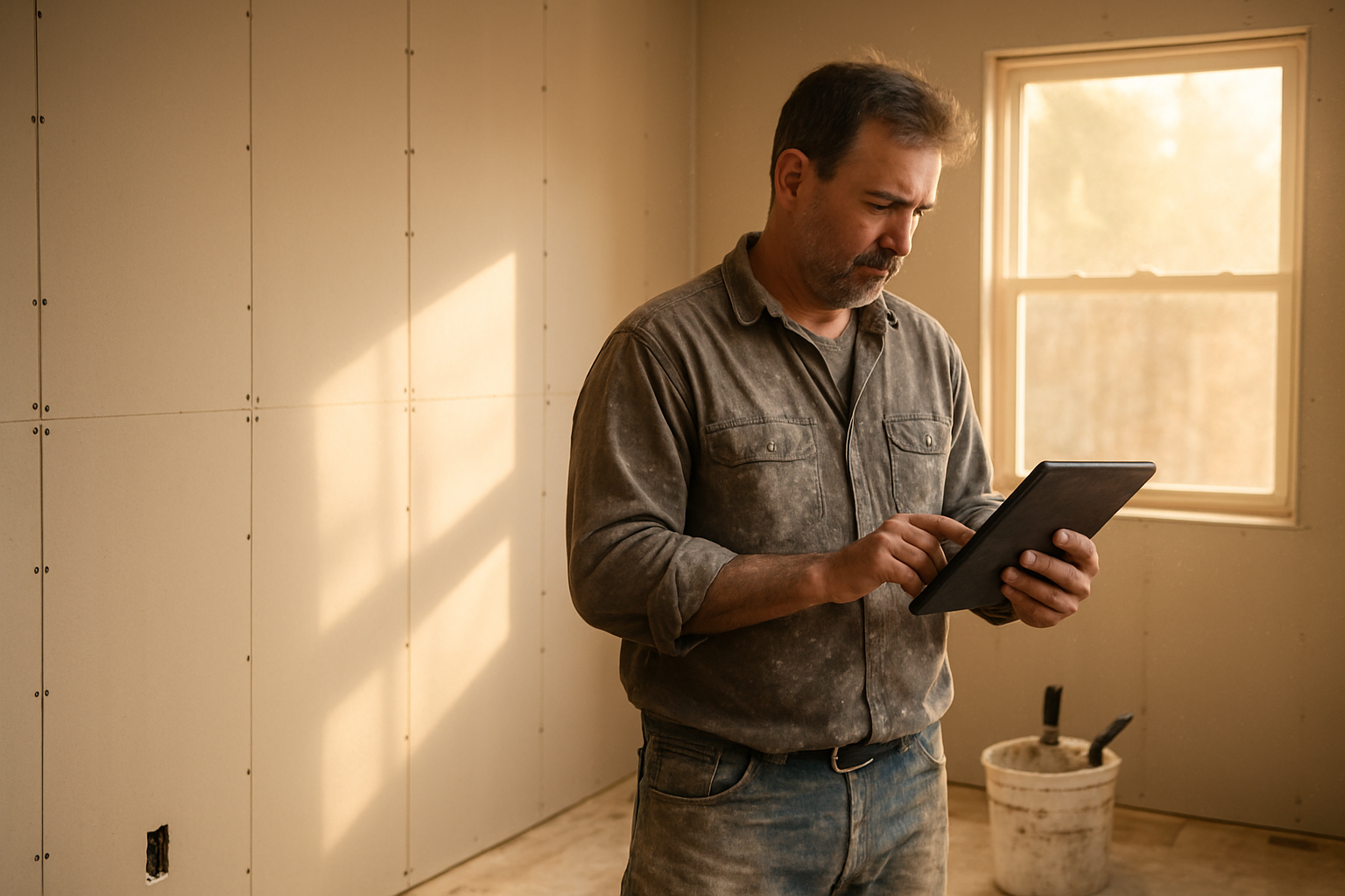 Drywall contractor reviewing a job estimate on a tablet, freshly hung drywall panels in the background