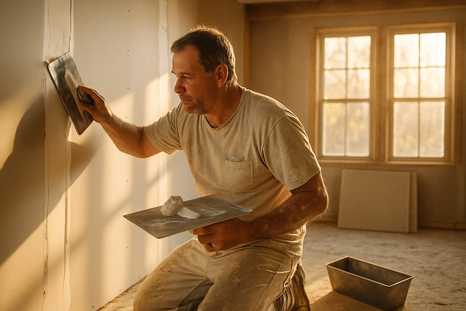 Drywall contractor applying joint compound to freshly hung panels in a residential room, warm afternoon light
