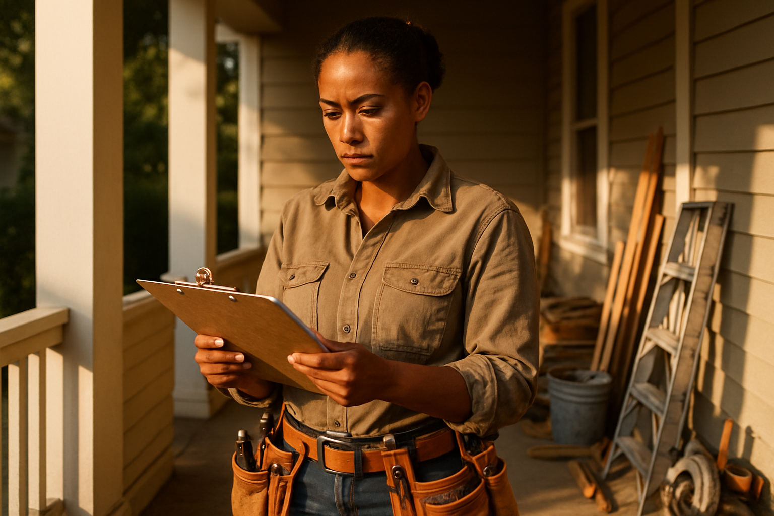 A solo trade contractor reviewing a payment schedule on a clipboard at a residential job site, warm afternoon light