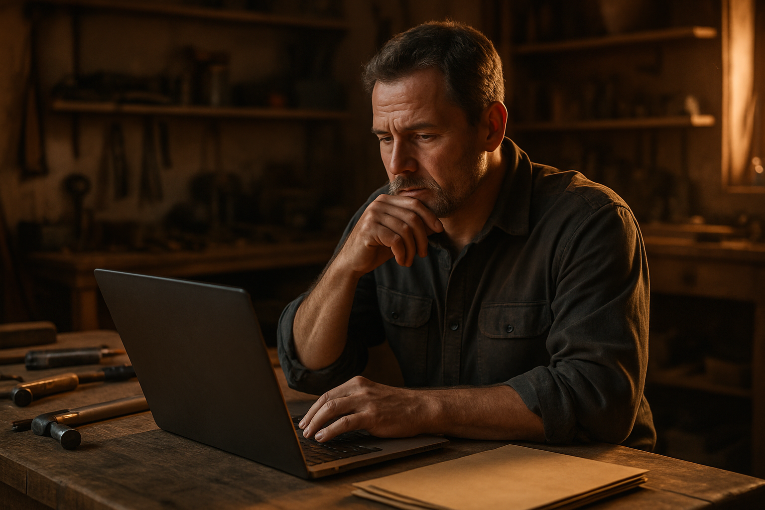 Contractor at a workbench reviewing a laptop pricing page, warm golden workshop light, tools in background