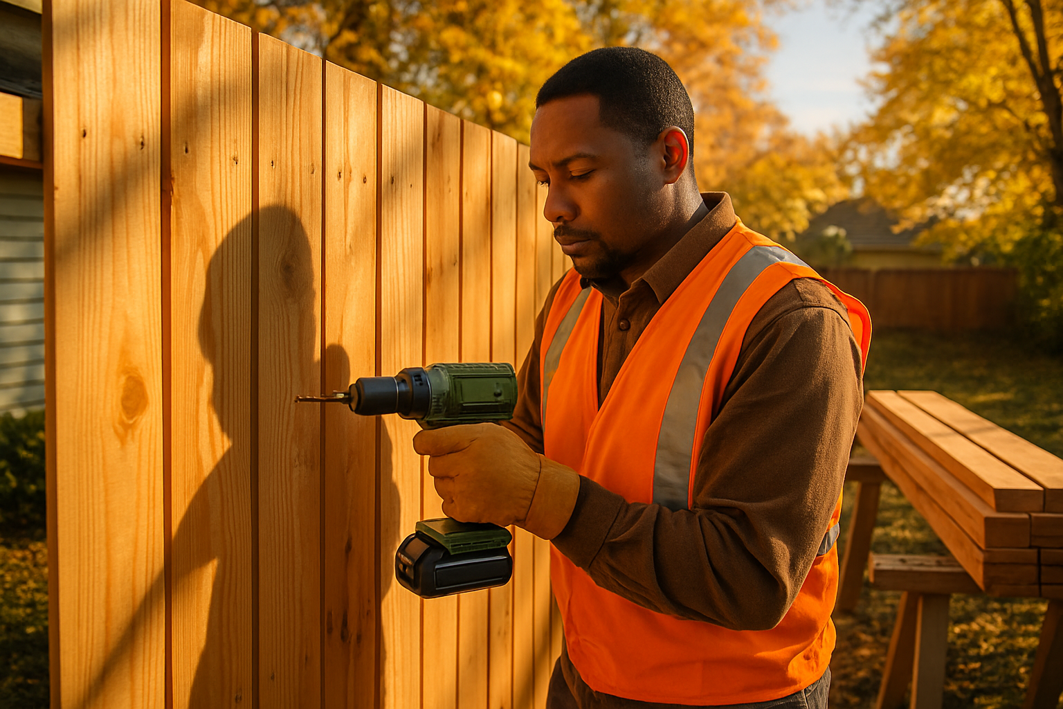 Fence contractor in orange safety vest installing wood privacy fence panels at a suburban yard in autumn afternoon light