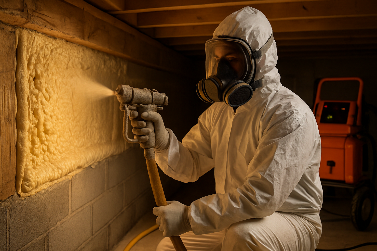 Insulation contractor in white coveralls spraying closed-cell foam in a residential basement under amber work light