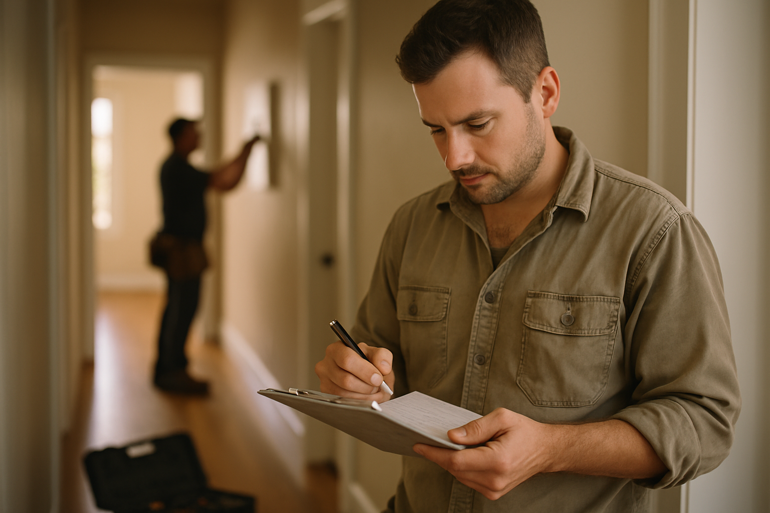 Electrician reviewing a job estimate on a clipboard at a residential site while a subcontractor installs equipment nearby