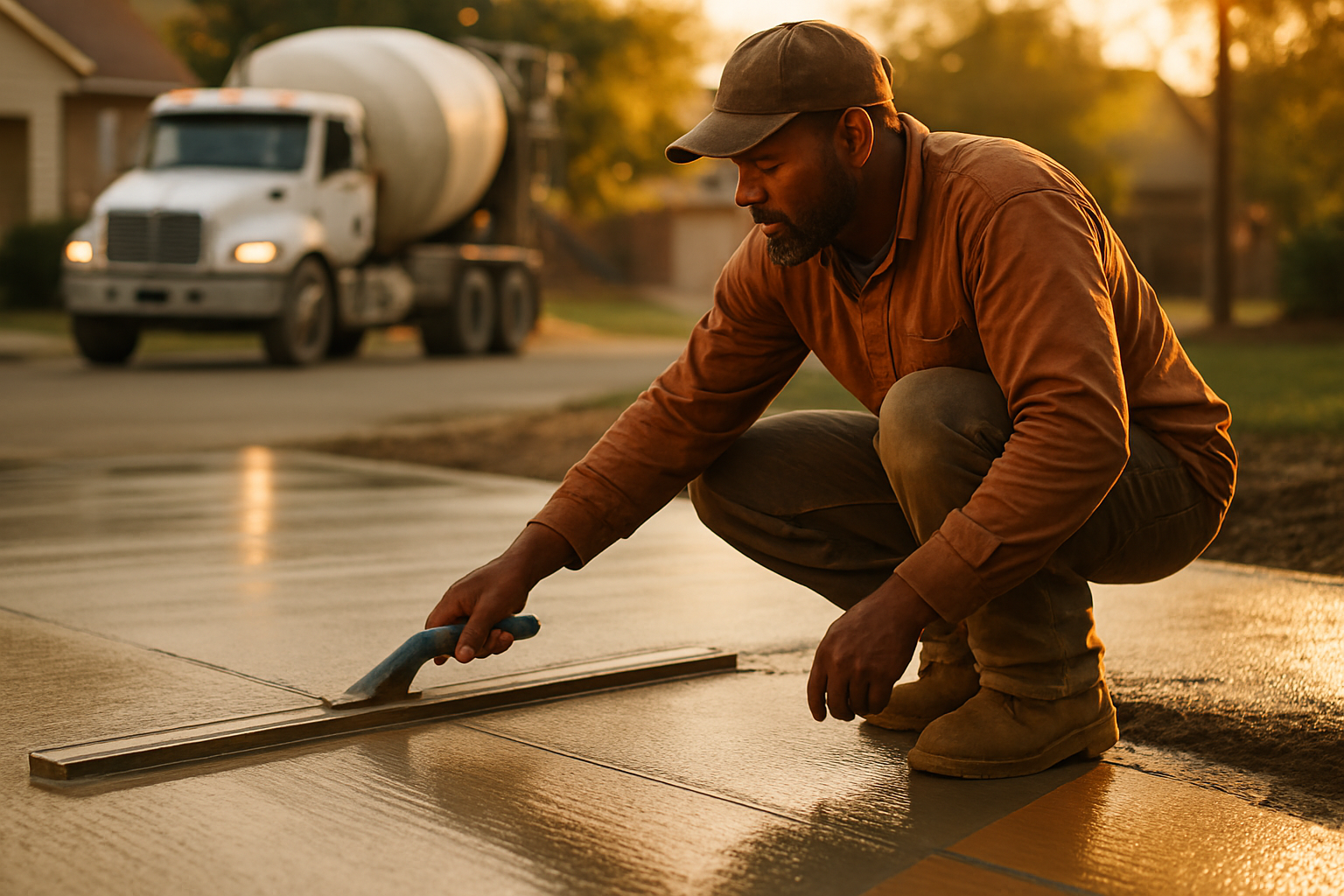 Concrete contractor smoothing a fresh driveway slab with a bull float at golden hour, ready-mix truck visible in background