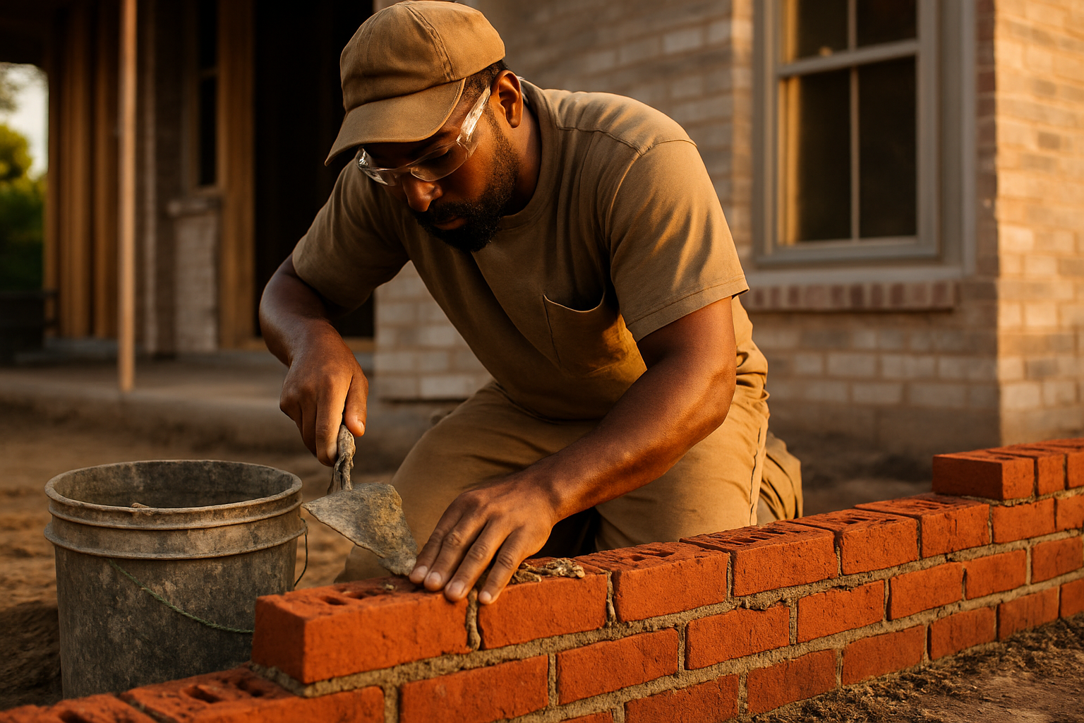 Mason contractor laying brick on a residential jobsite with a trowel, warm golden-hour light